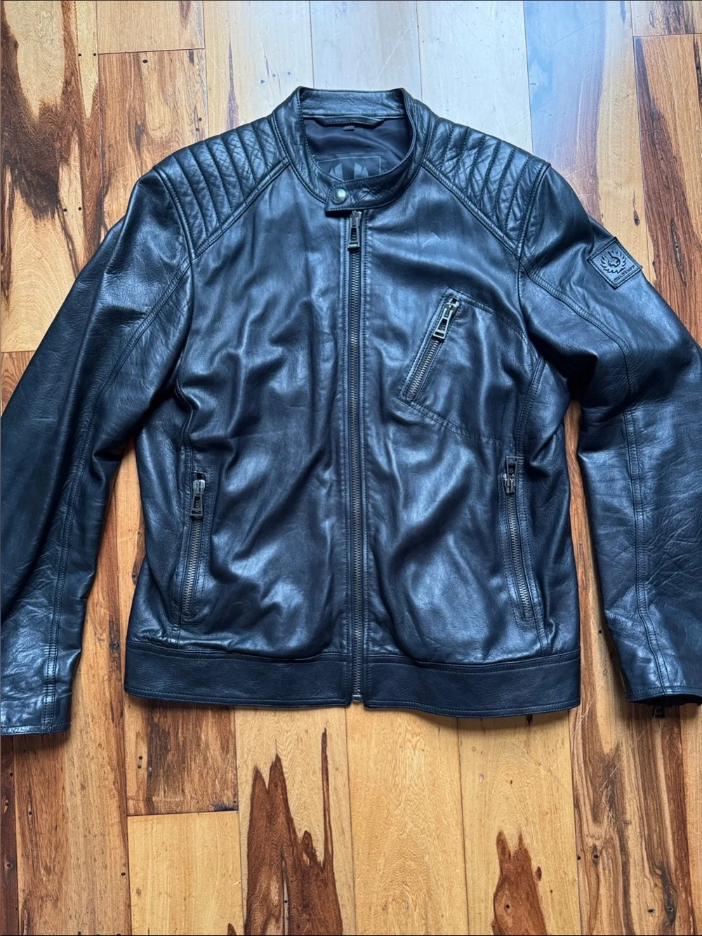 Belstaff Mens Black Leather Cafe Racer Motorcycle Jacket size 54 Italian Made